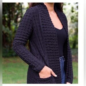 Komil Waffle Weave Cozy Black Long Open-Front Women's Lagenlook Cardigan Size M